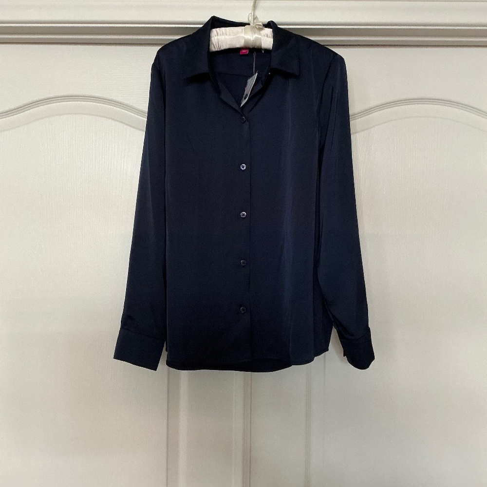 Women’s Navy Blue Button Down Shirt. satin feel.